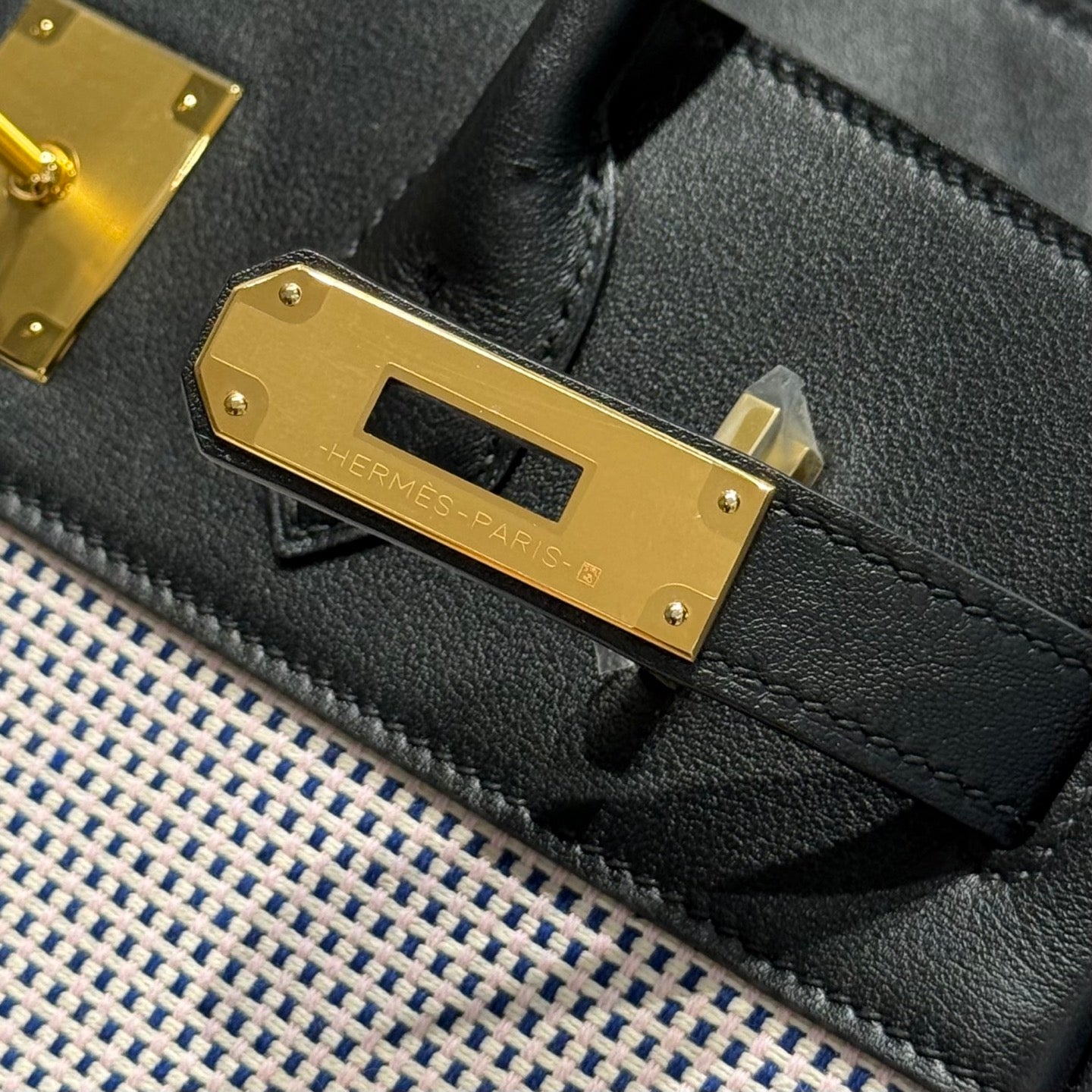 HERMES QUADRILLE BIRKIN 30CM IN BLACK SWIFT CALFSKIN WHITE BLUE PINK PLAID TOILE CANVAS