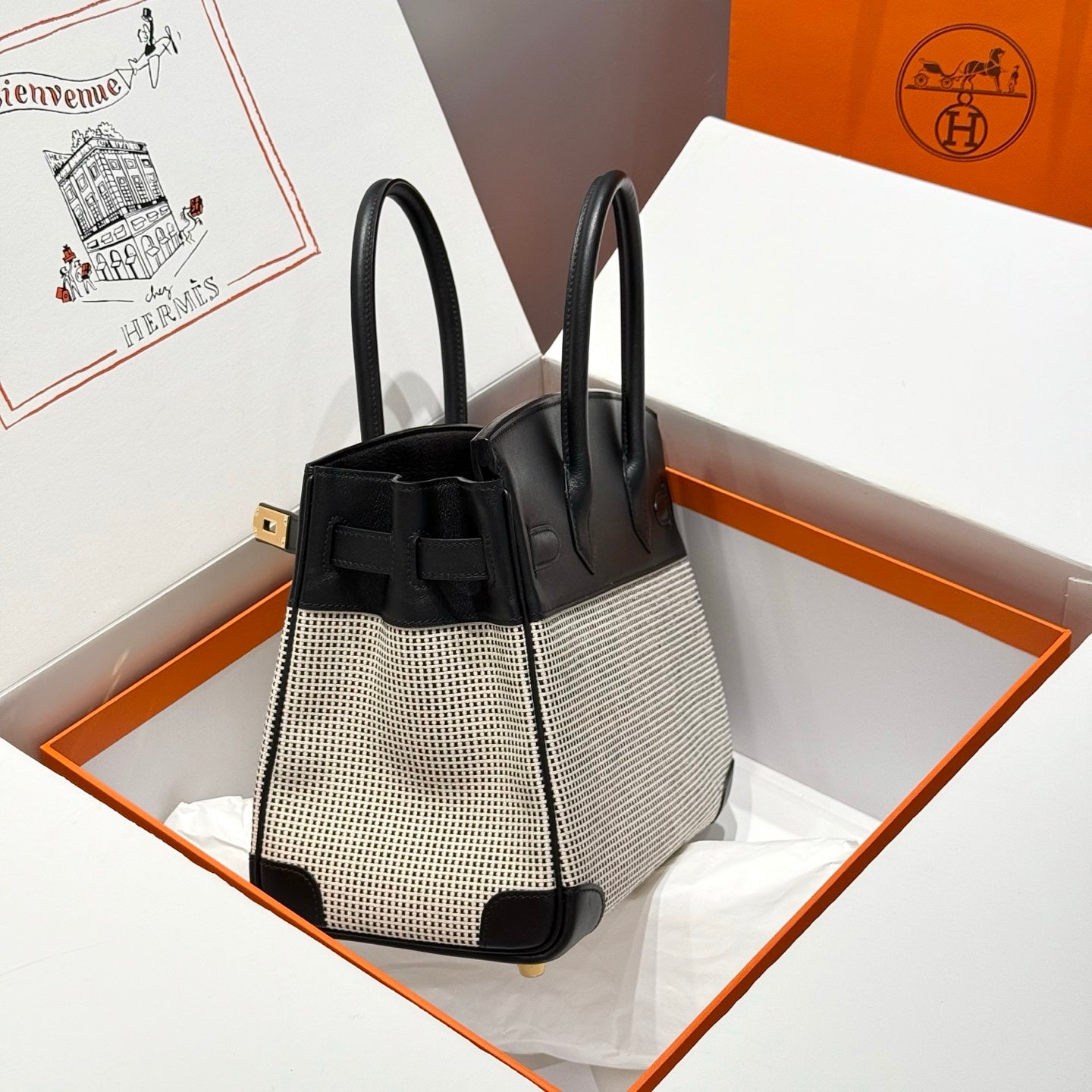 HERMES QUADRILLE BIRKIN 30CM IN BLACK SWIFT CALFSKIN WHITE BLACK PLAID TOILE CANVAS