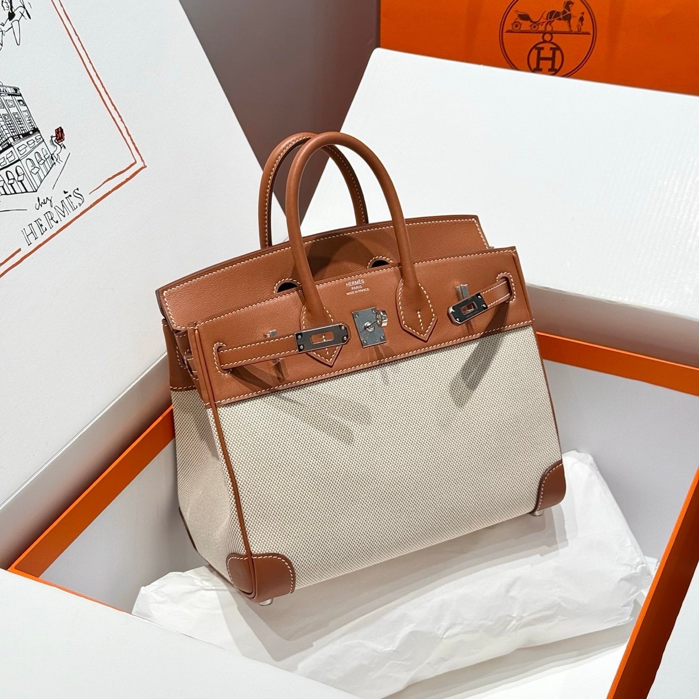 HERMES BIRKIN 25CM IN VEAU BARENIA SWIFT CALFSKIN ERCU TOILE CANVAS