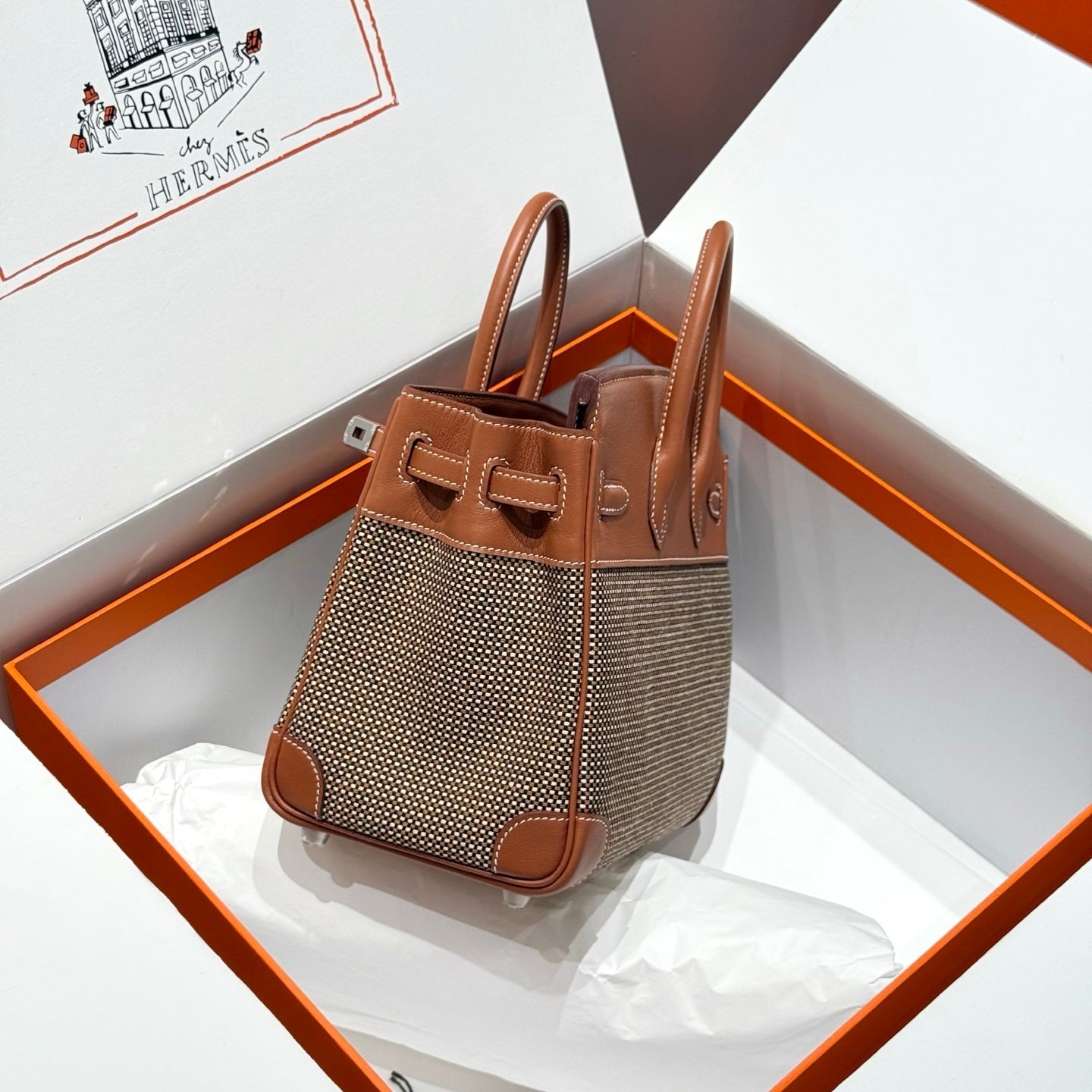 HERMES QUADRILLE BIRKIN 25CM IN GOLD SWIFT CALFSKIN AND BLACK/WHITE/BROWN TOILE CANVAS