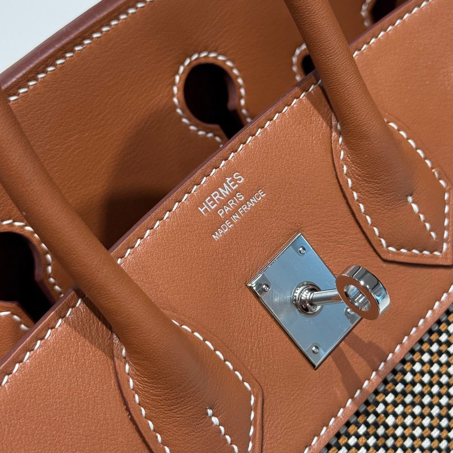 HERMES QUADRILLE BIRKIN 25CM IN GOLD SWIFT CALFSKIN AND BLACK/WHITE/BROWN TOILE CANVAS