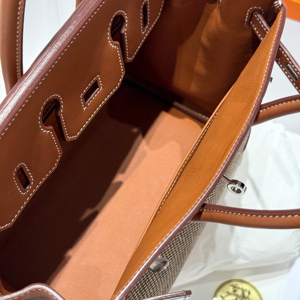 HERMES QUADRILLE BIRKIN 25CM IN GOLD SWIFT CALFSKIN AND BLACK/WHITE/BROWN TOILE CANVAS