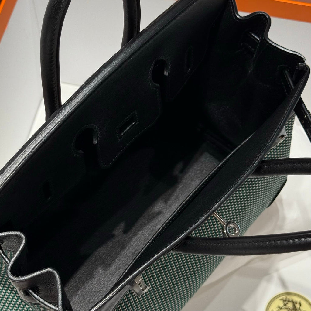 HERMES QUADRILLE BIRKIN 25CM IN BLACK SWIFT CALFSKIN BLACK/MINT/BLANC TOILE CANVAS