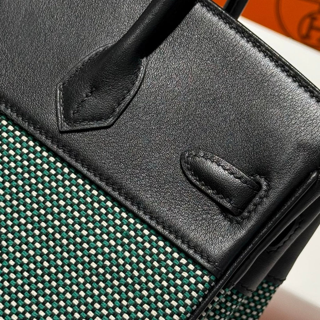 HERMES QUADRILLE BIRKIN 25CM IN BLACK SWIFT CALFSKIN BLACK/MINT/BLANC TOILE CANVAS