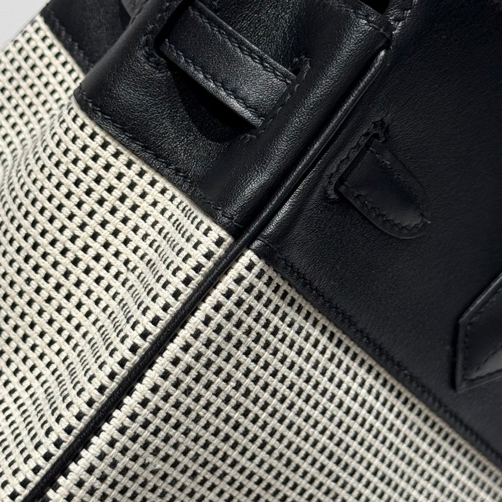 HERMES QUADRILLE BIRKIN 25CM IN BLACK SWIFT CALFSKIN WHITE BLACK PLAID TOILE CANVAS