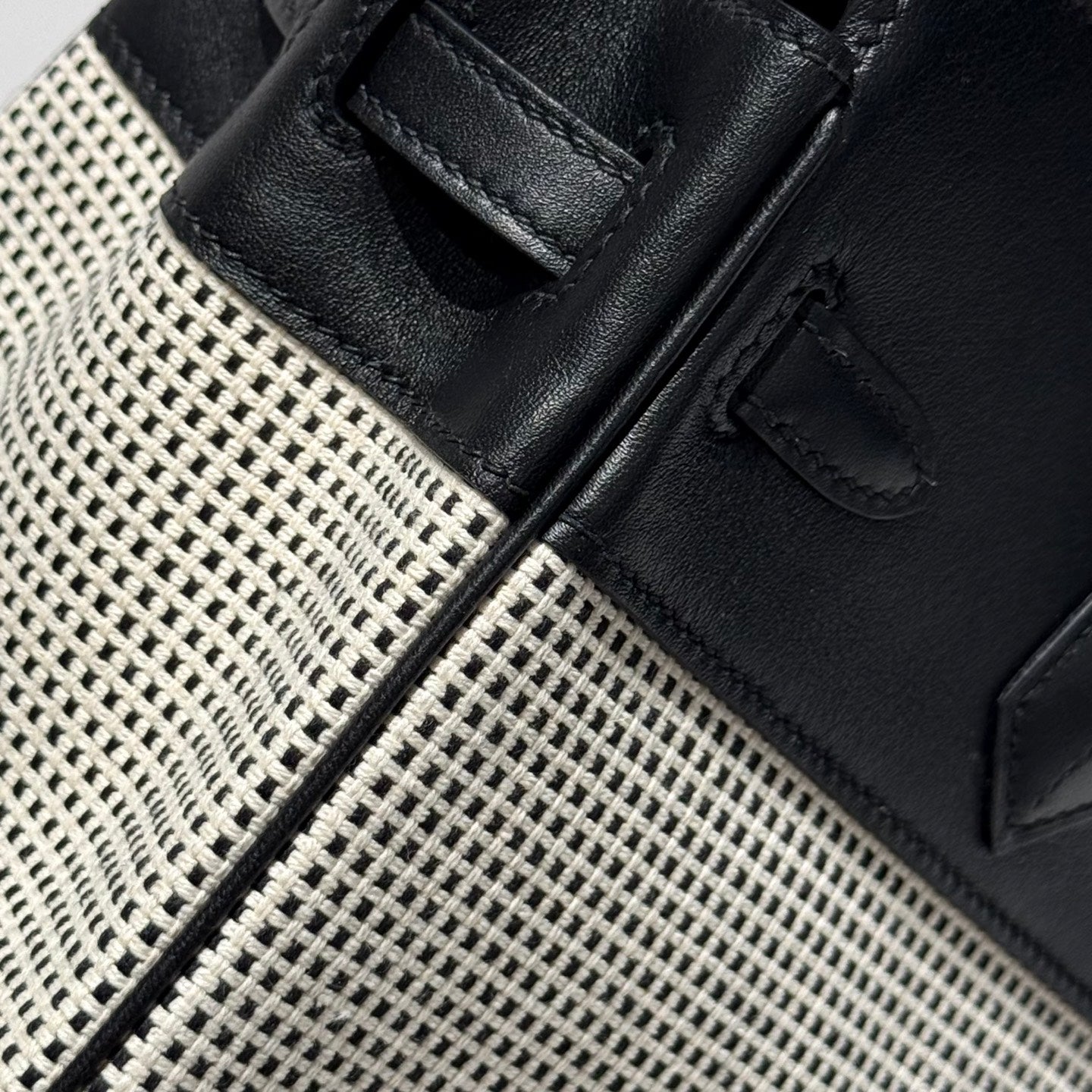 HERMES QUADRILLE BIRKIN 25CM IN BLACK SWIFT CALFSKIN WHITE BLACK PLAID TOILE CANVAS