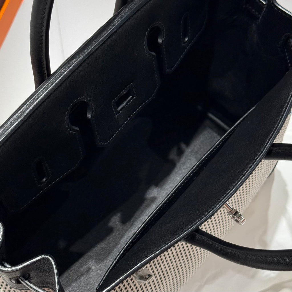 HERMES QUADRILLE BIRKIN 25CM IN BLACK SWIFT CALFSKIN WHITE BLACK PLAID TOILE CANVAS