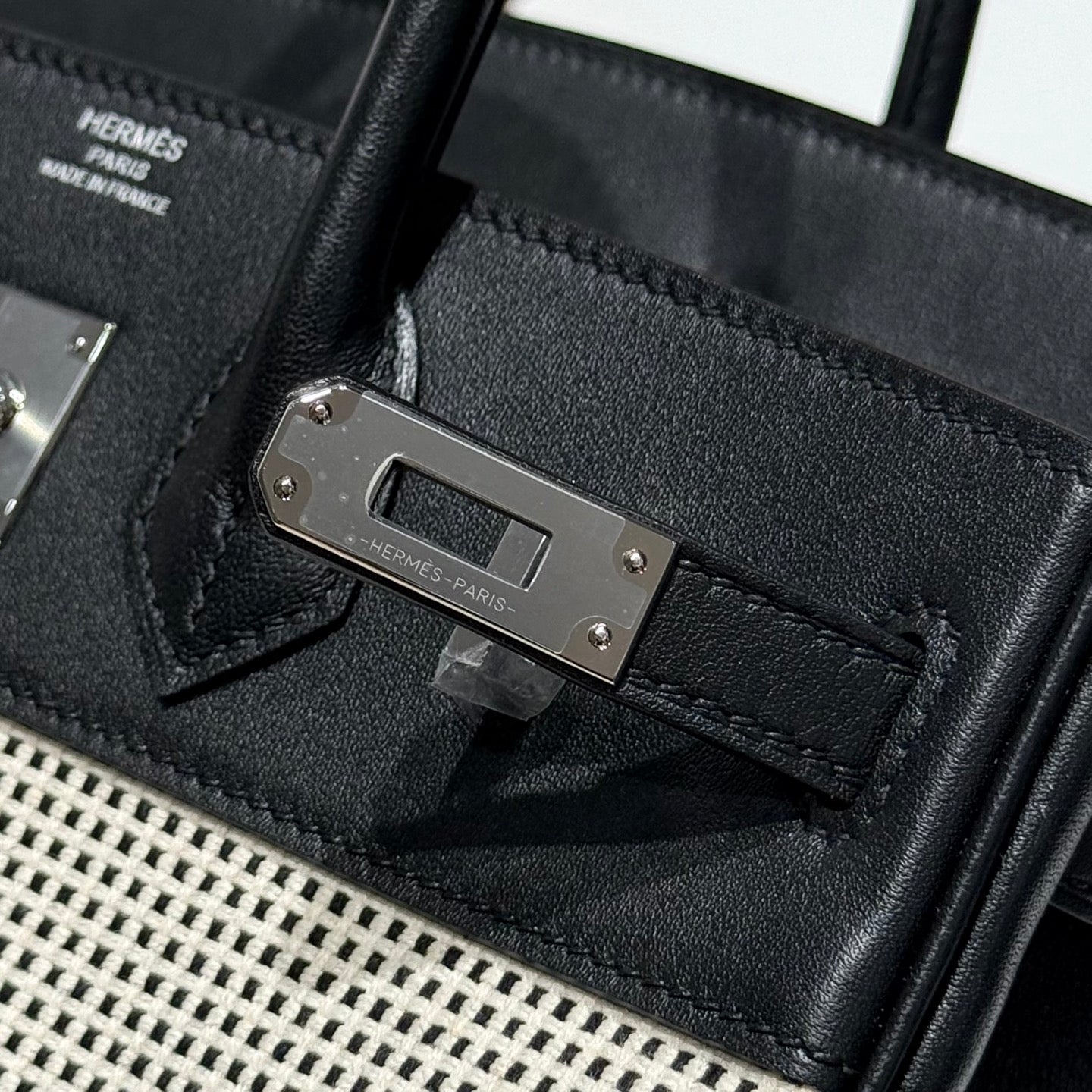 HERMES QUADRILLE BIRKIN 25CM IN BLACK SWIFT CALFSKIN WHITE BLACK PLAID TOILE CANVAS