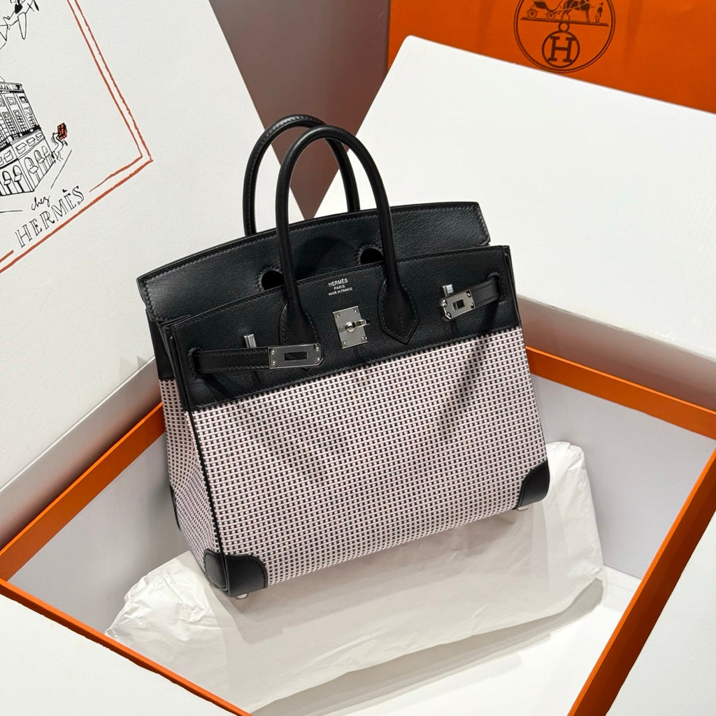 HERMES QUADRILLE BIRKIN 25CM IN BLACK SWIFT CALFSKIN WHITE BLUE PINK PLAID TOILE CANVAS