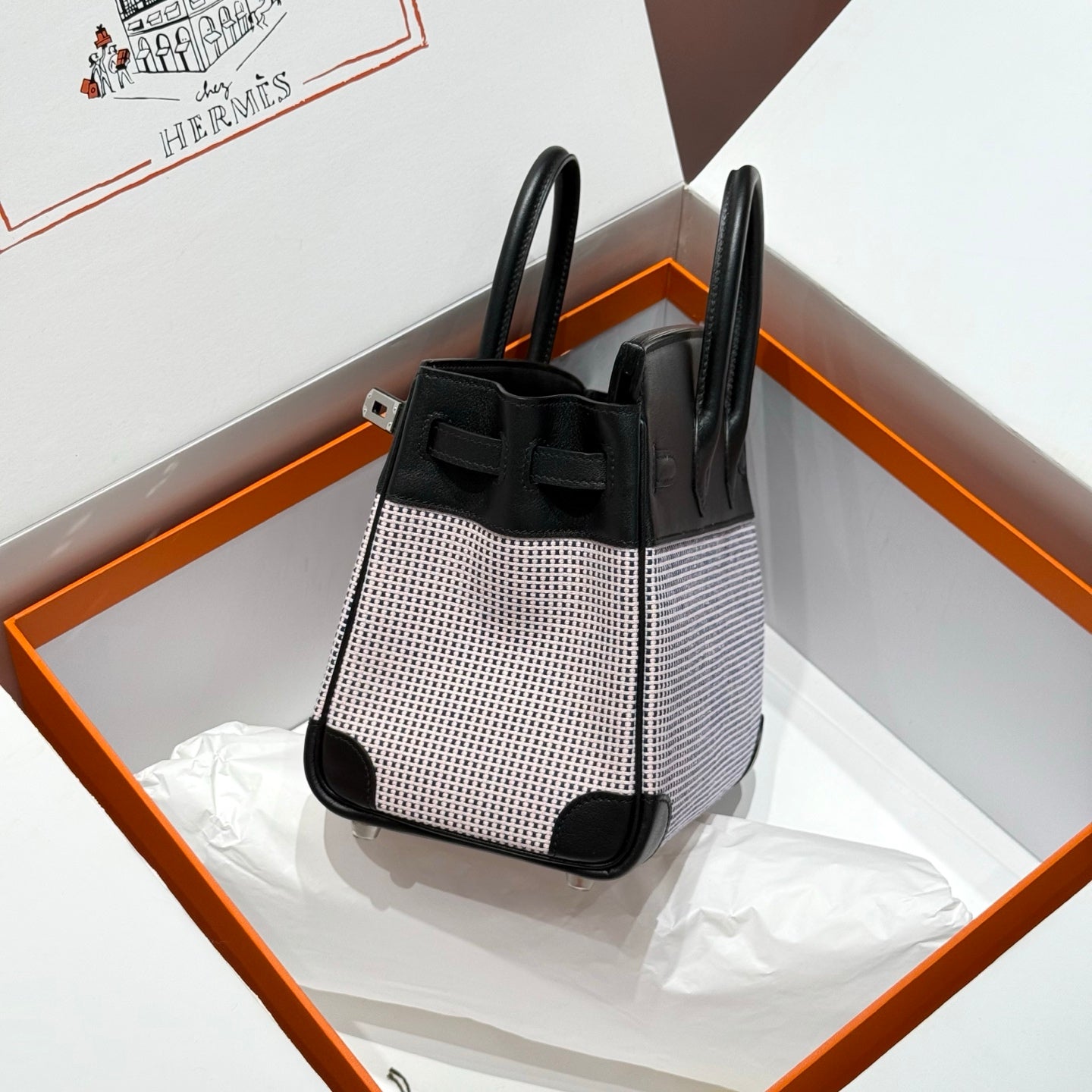 HERMES QUADRILLE BIRKIN 25CM IN BLACK SWIFT CALFSKIN WHITE BLUE PINK PLAID TOILE CANVAS