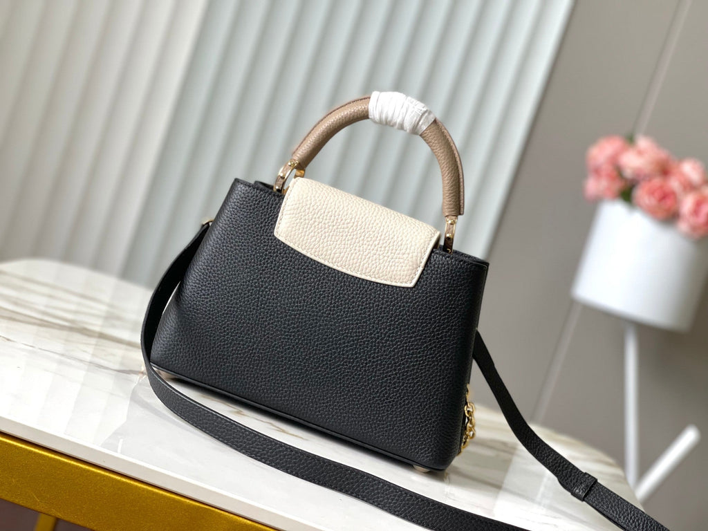 LOUIS VUITTON CAPUCINES BB 27 IN BLACK MIX WHITE TAURILLON GOLD HARDWARE