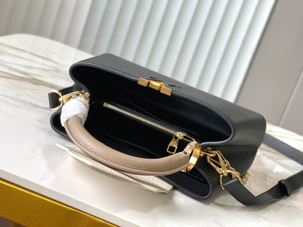 LOUIS VUITTON CAPUCINES BB 27 IN BLACK MIX WHITE TAURILLON GOLD HARDWARE