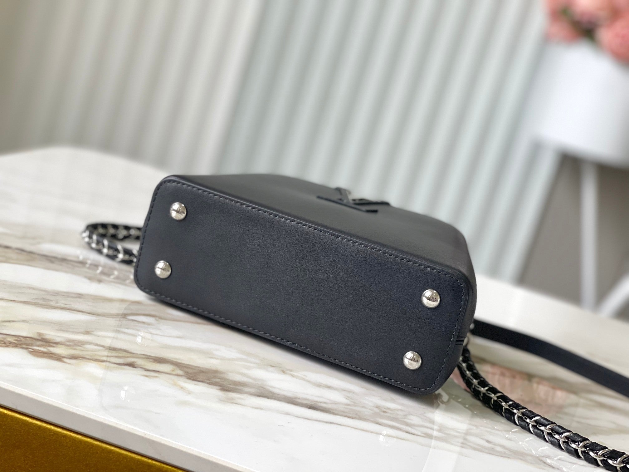 LOUIS VUITTON CAPUCINES EAST-WEST MINI 22 IN BLACK SHEEPSKIN CRYSTAL AND SILVER HARDWARE