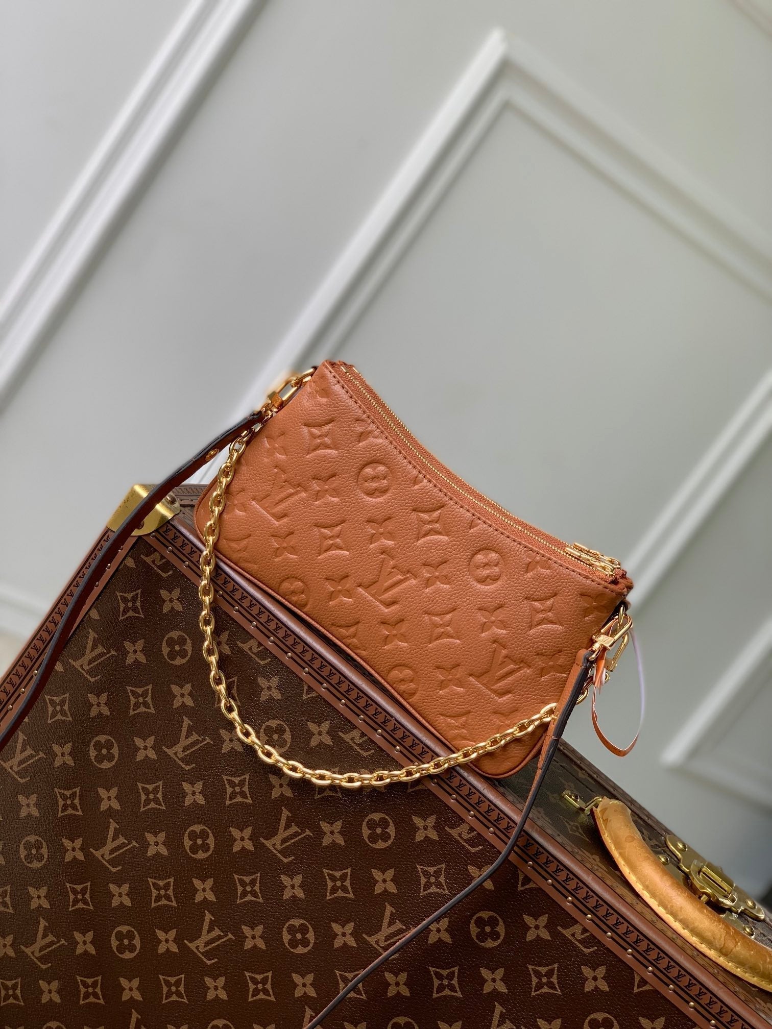 LOUIS VUITTON LIV POCHETTE BAG 24 IN COGNAC BROWN MONOGRAM EMPREINTE LEATHER