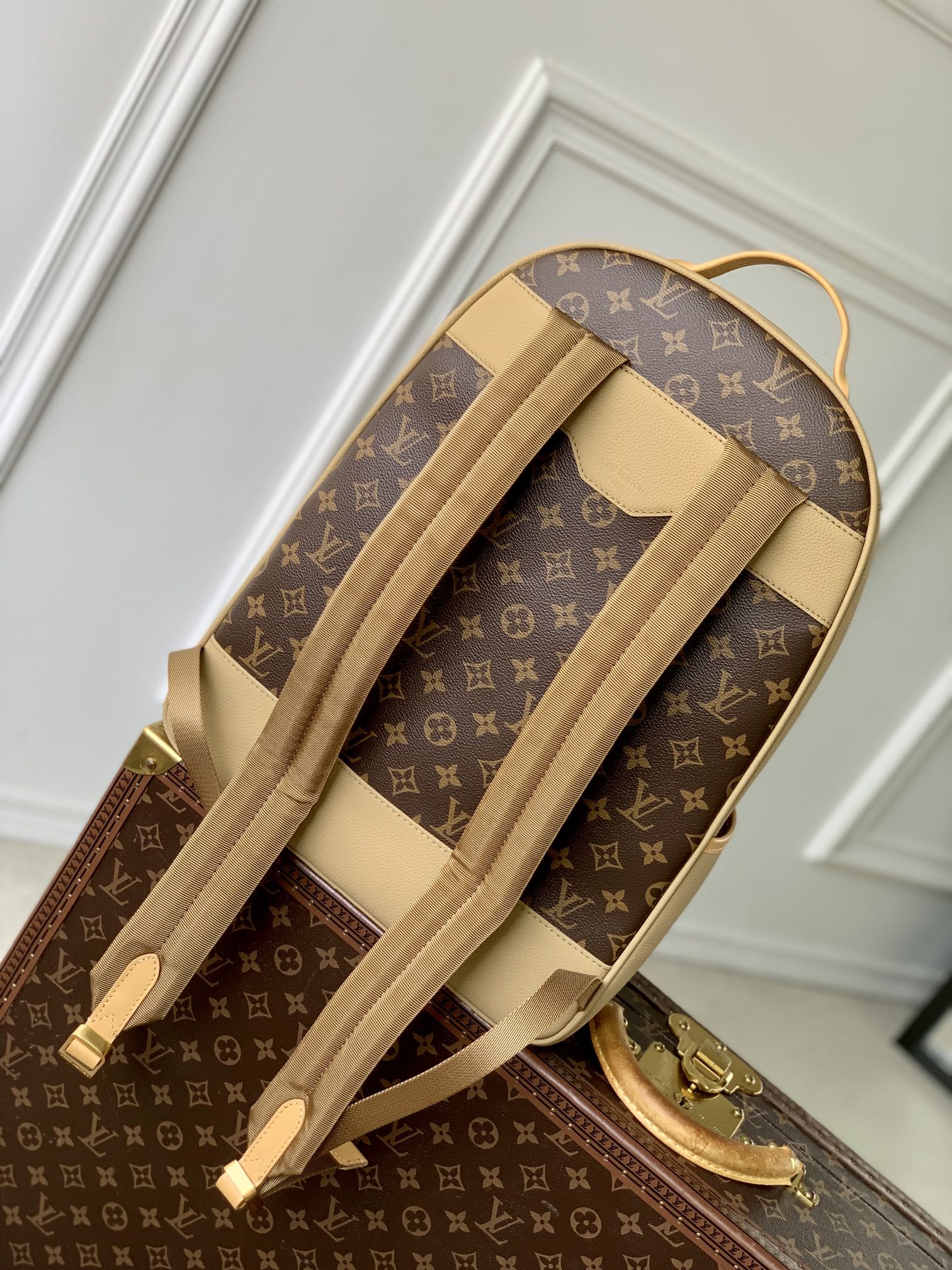LOUIS VUITTON OUTDOOR BACKPACK 44 IN BEIGE CALFSKIN AND BROWN MONOGRAM CANVAS