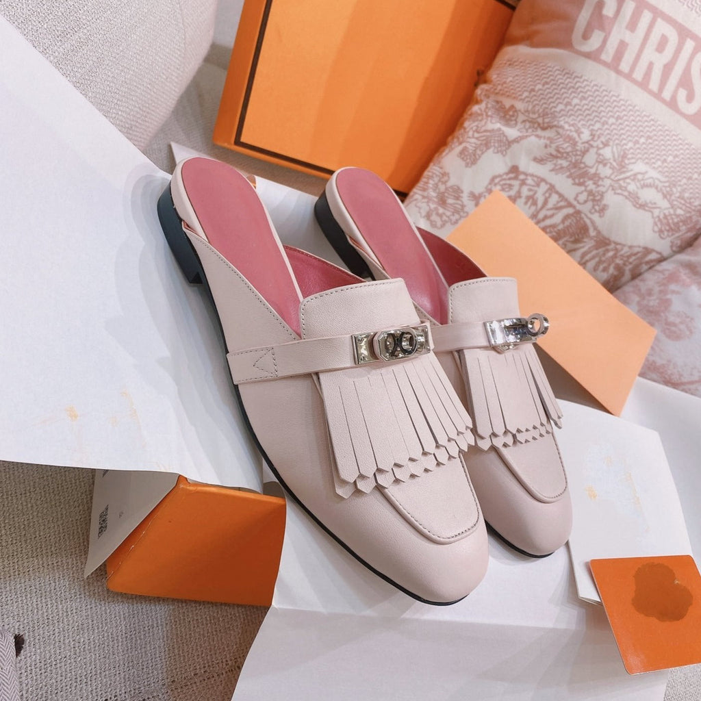 HERMES 0Z Mule Fringed Light Pink