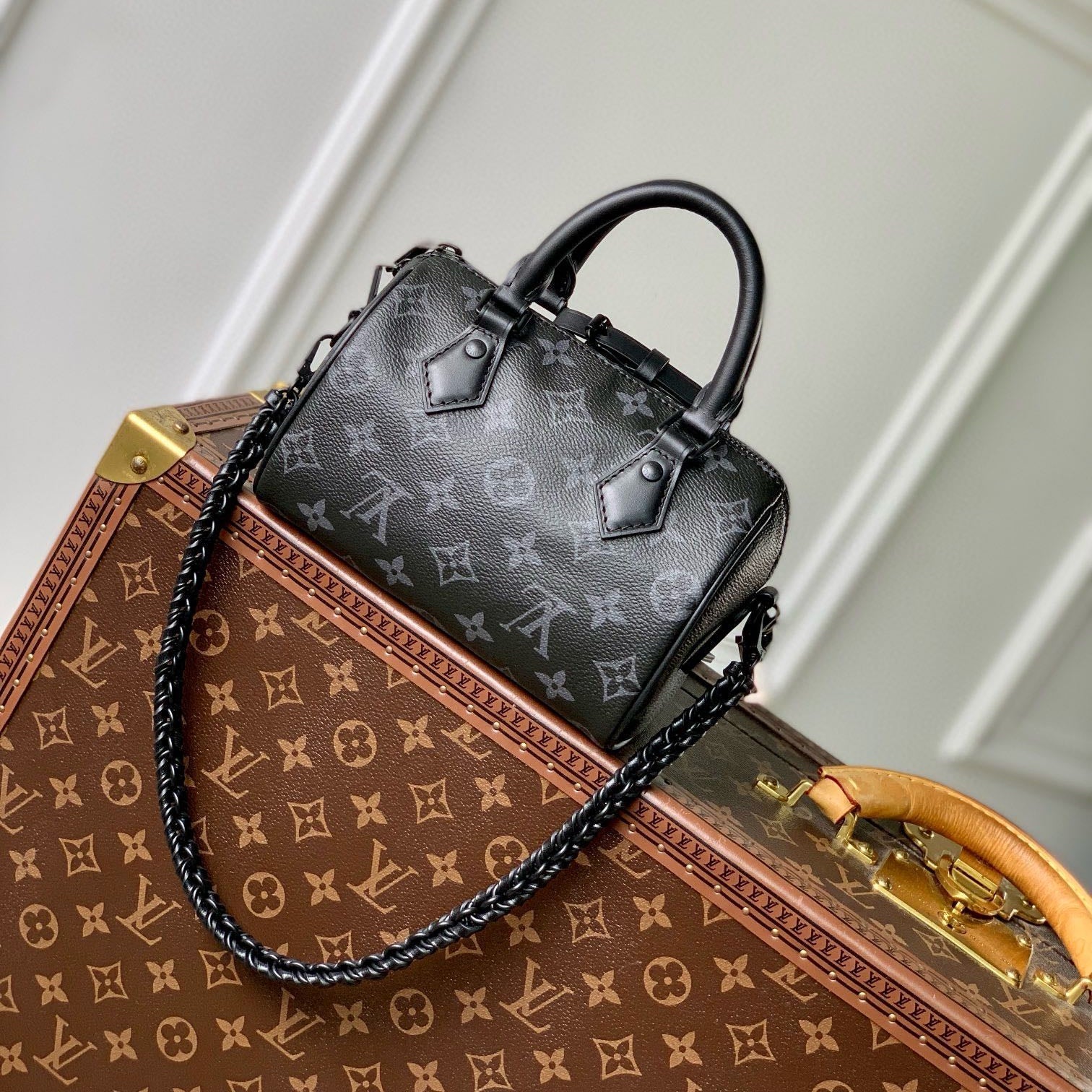LOUIS VUITTON SPEEDY BAG 18 IN BLACK MONOGRAM COATED CANVAS BLACK HARDWARE