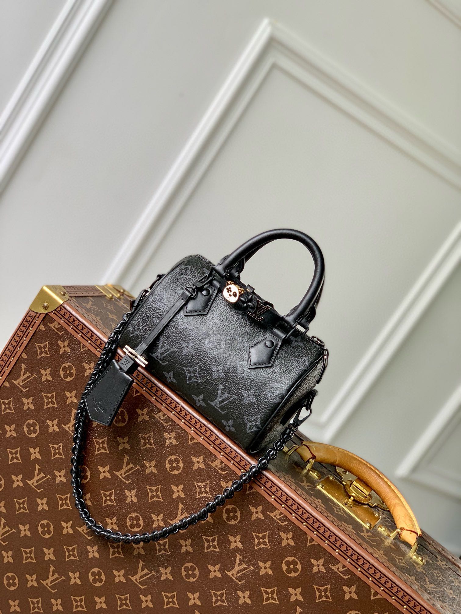 LOUIS VUITTON SPEEDY BAG 18 IN BLACK MONOGRAM COATED CANVAS BLACK HARDWARE