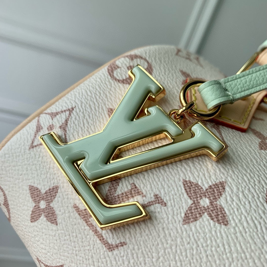 LOUIS VUITTON MINI SPEEDY BAG GREEN CHARM 18 IN LIGHT BROWN MONOGRAM DUNE COATED CANVAS