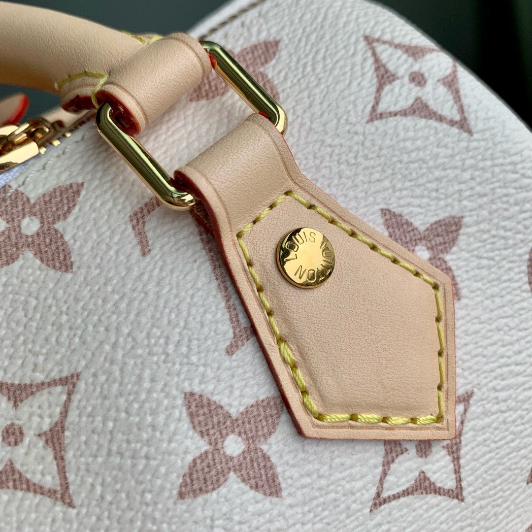 LOUIS VUITTON MINI SPEEDY BAG GREEN CHARM 18 IN LIGHT BROWN MONOGRAM DUNE COATED CANVAS