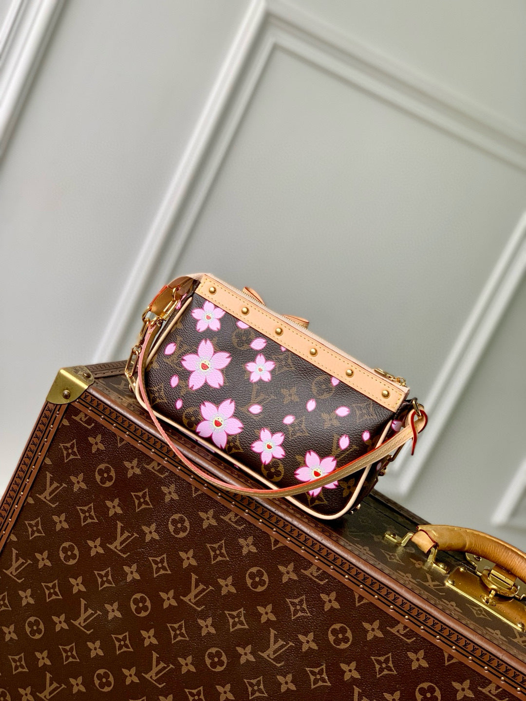 LOUIS VUITTON POCHETTE ACCESSOIRES 22 IN BROWN MONOGRAM CANVAS CHERRY BLOSSOM