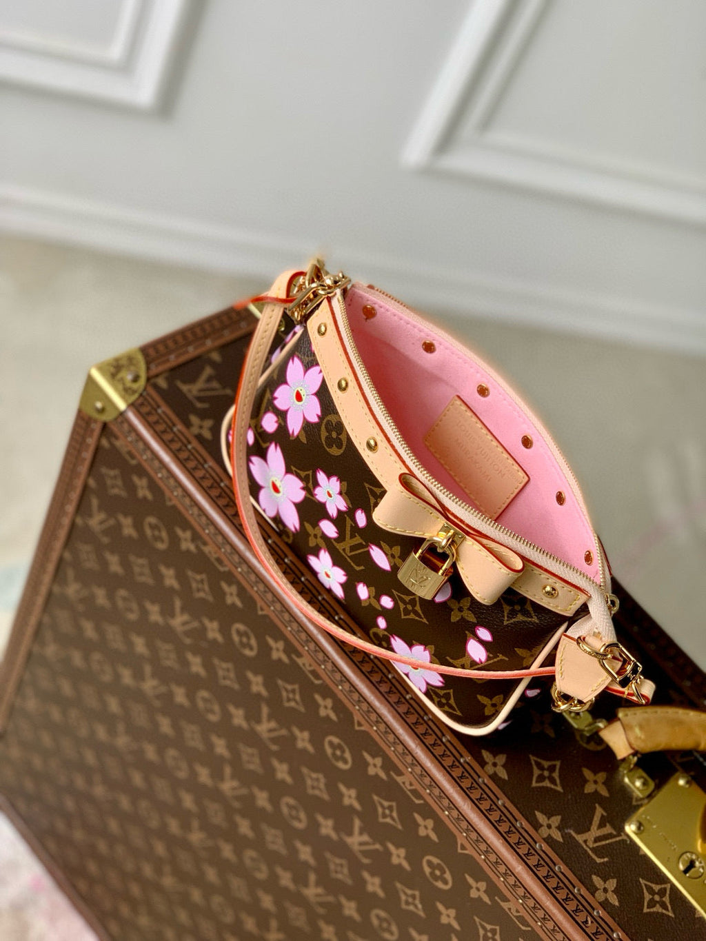 LOUIS VUITTON POCHETTE ACCESSOIRES 22 IN BROWN MONOGRAM CANVAS CHERRY BLOSSOM