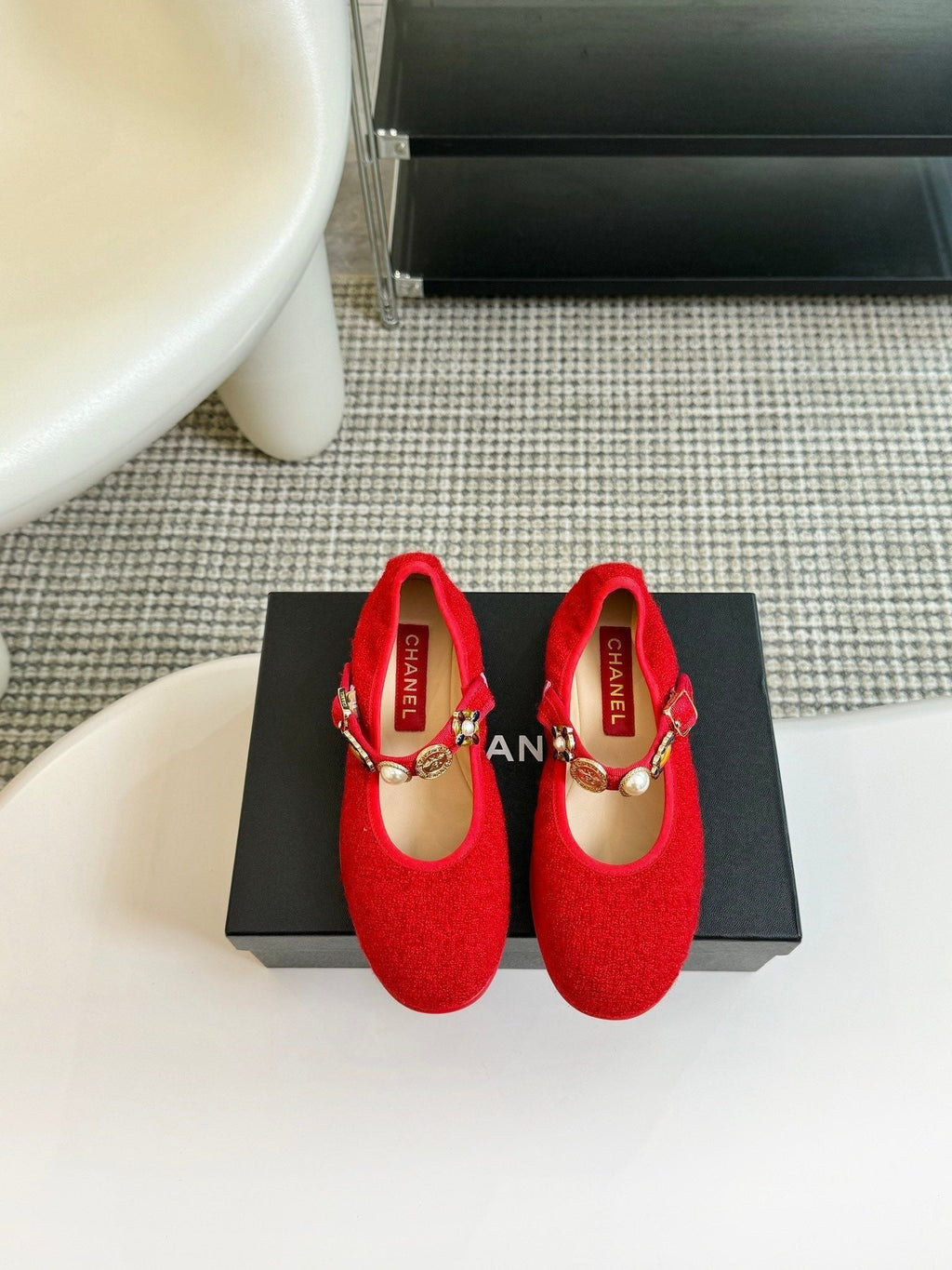 CHANEL MARY JANE SHOES CHERRY RED WOOL TWEED