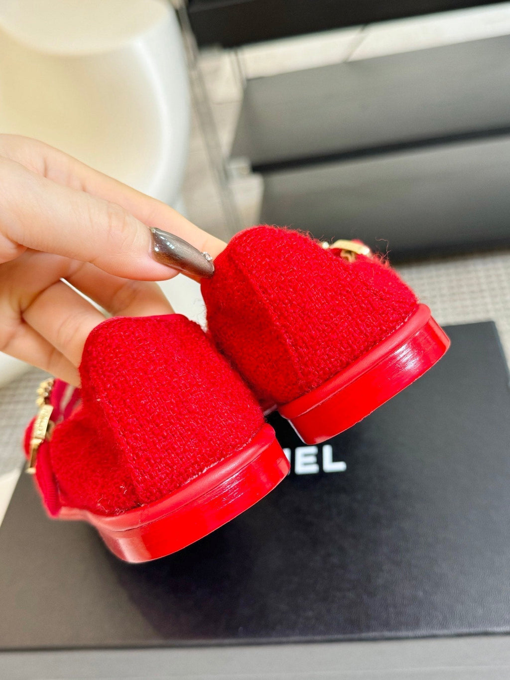 CHANEL MARY JANE SHOES CHERRY RED WOOL TWEED