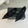 CHANEL MARY JANE IN BLACK WOOL TWEED AND SATIN