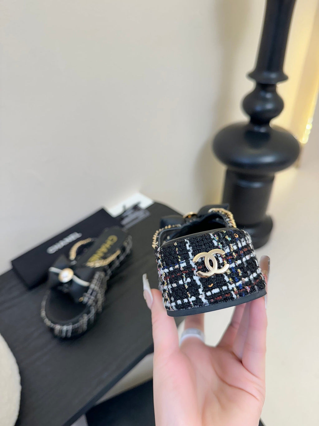 CHANEL PLATFORM FLIP-FLOPS IN BLACK TWEED FABRIC