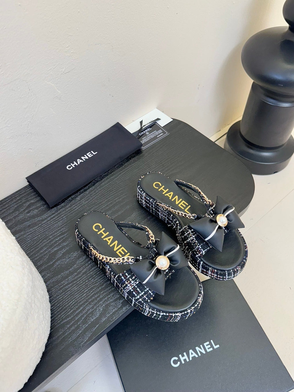CHANEL PLATFORM FLIP-FLOPS IN BLACK TWEED FABRIC