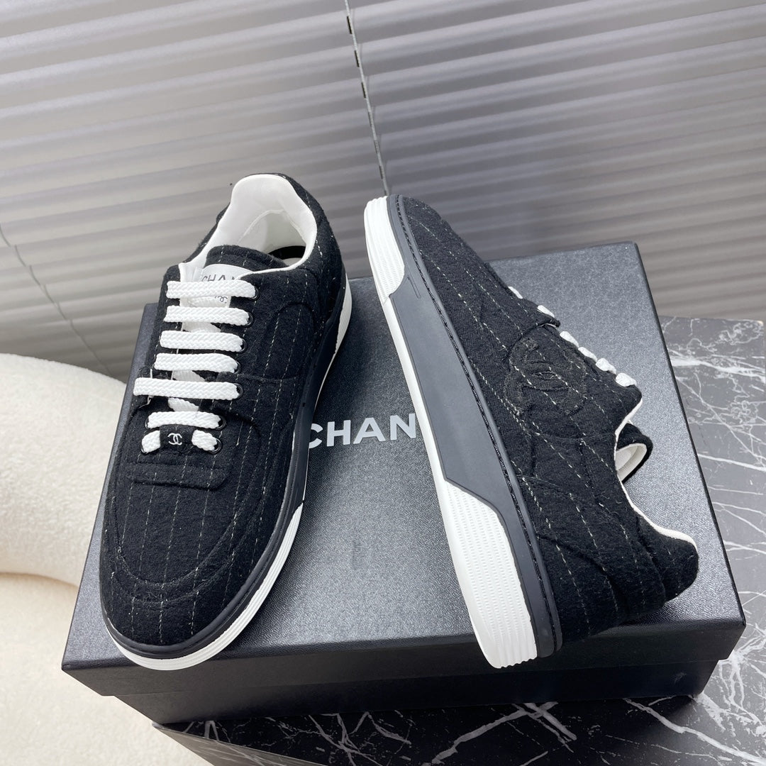 CHANEL TRAINER SHOES IN BLACK WOOL FABRIC