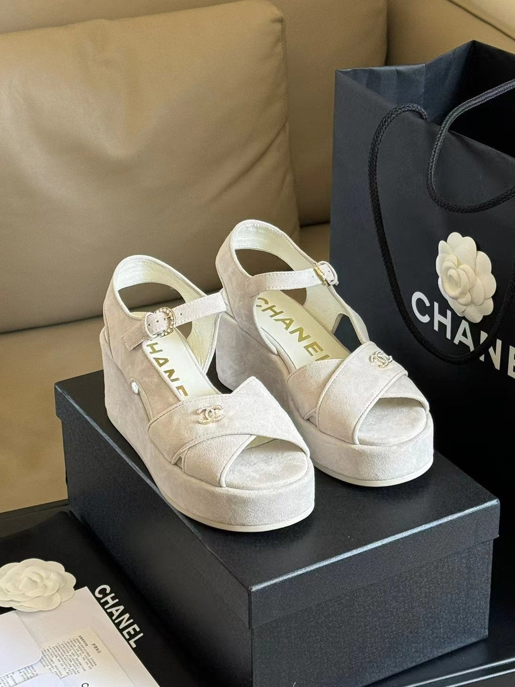 CHANEL CLASSIC WEDGE SANDALS IN WHITE LAMBSKIN SUEDE