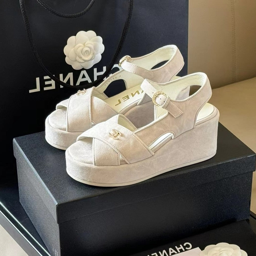 CHANEL CLASSIC WEDGE SANDALS IN WHITE LAMBSKIN SUEDE