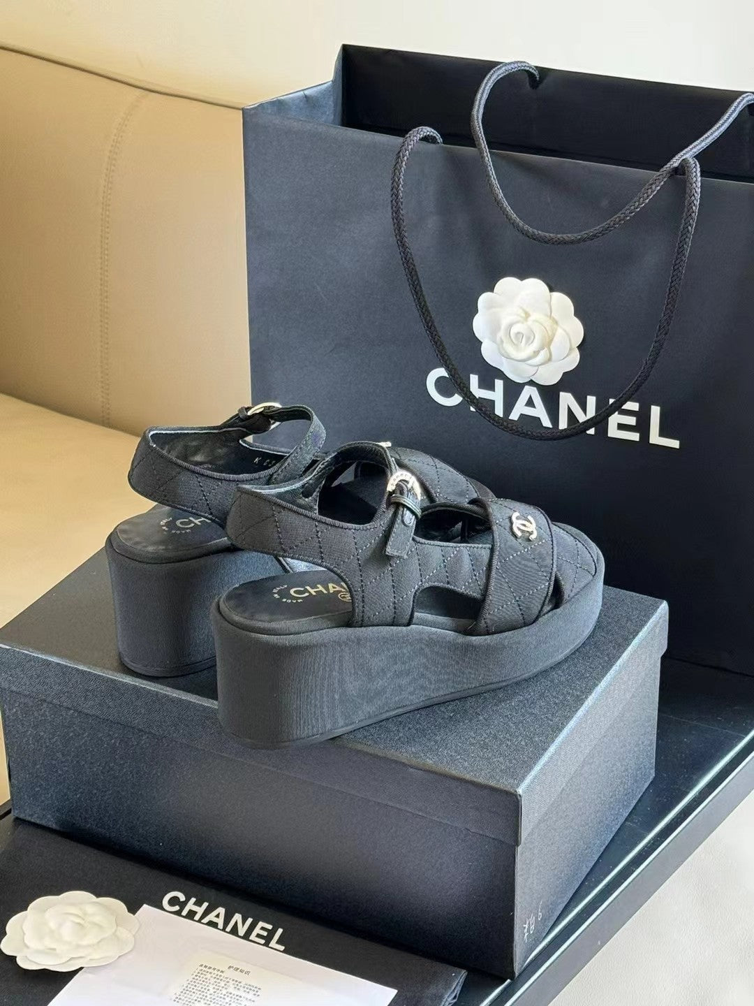 CHANEL CLASSIC WEDGE SANDALS IN BLACK FABRIC