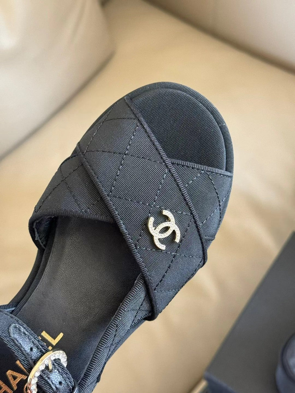 CHANEL CLASSIC WEDGE SANDALS IN BLACK FABRIC
