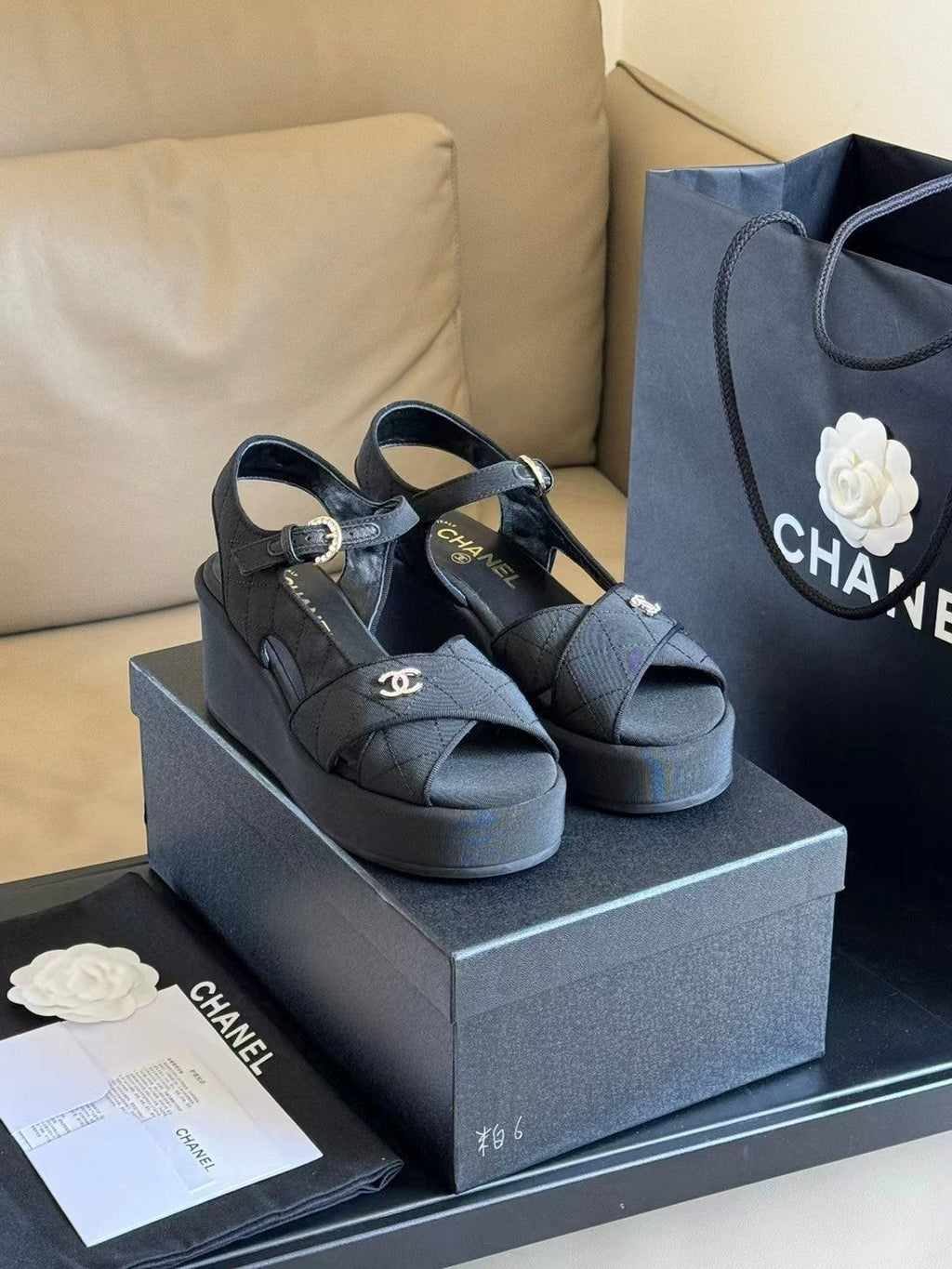 CHANEL CLASSIC WEDGE SANDALS IN BLACK FABRIC