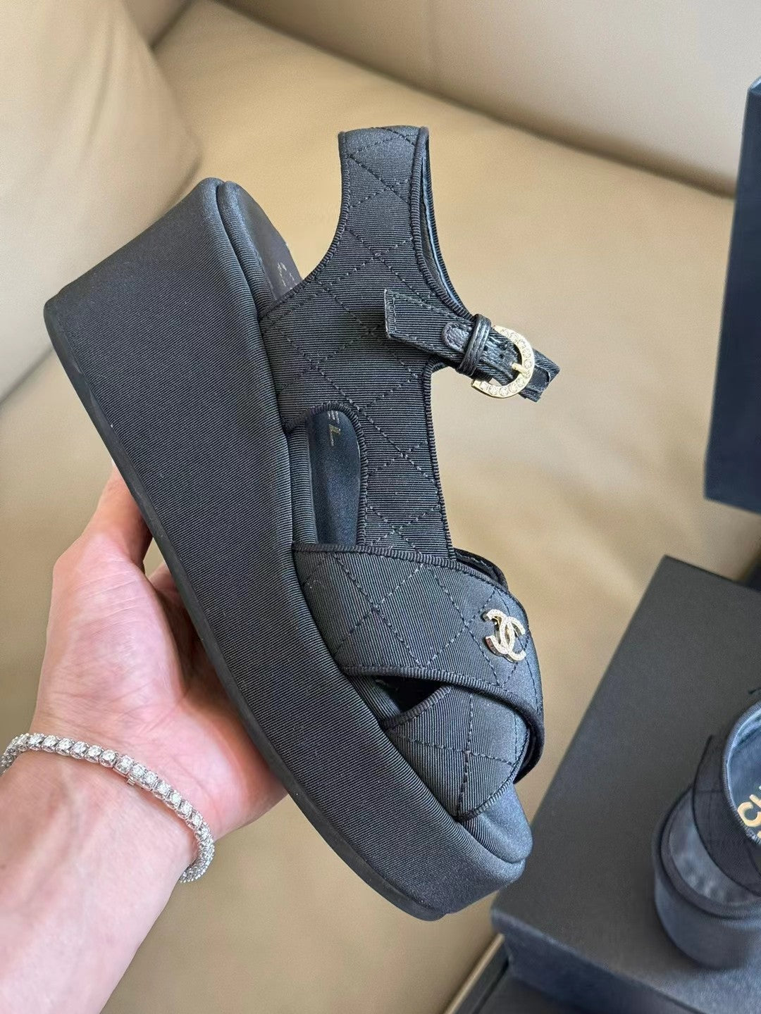 CHANEL CLASSIC WEDGE SANDALS IN BLACK FABRIC