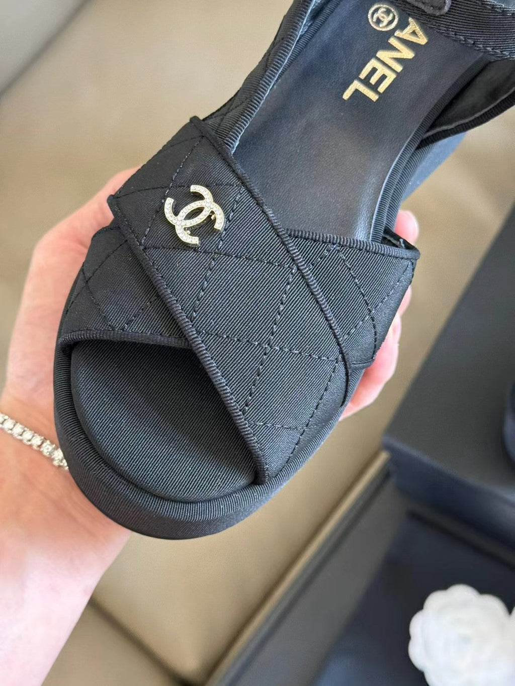 CHANEL CLASSIC WEDGE SANDALS IN BLACK FABRIC