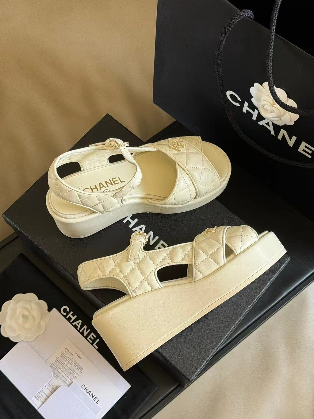 CHANEL CLASSIC WEDGE SANDALS IN WHITE LAMBSKIN