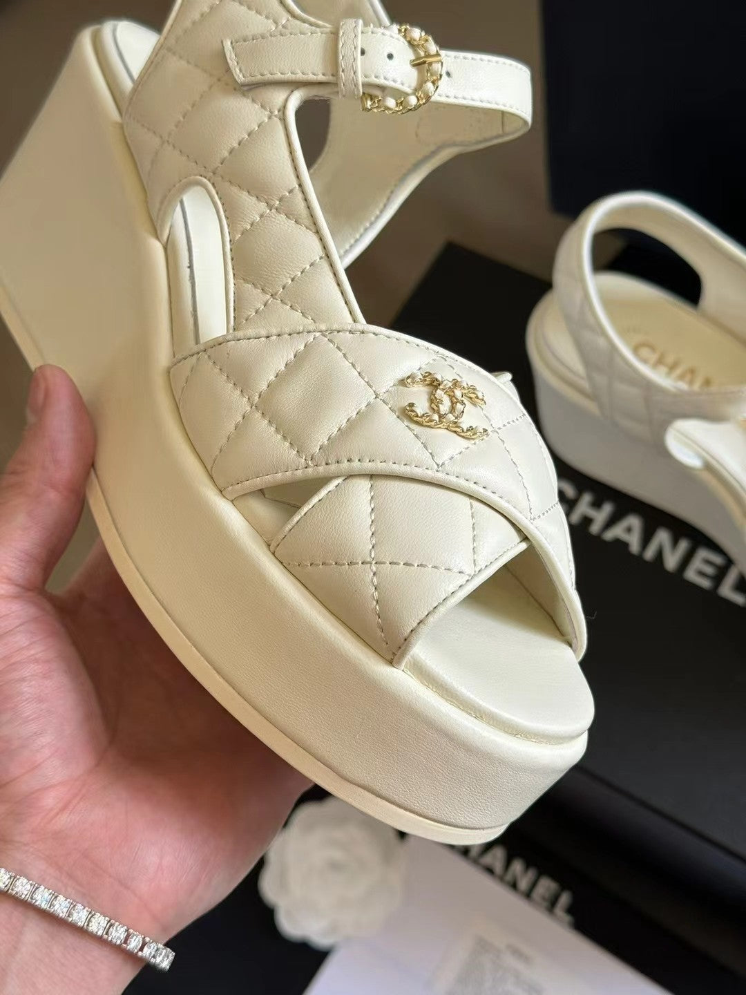 CHANEL CLASSIC WEDGE SANDALS IN WHITE LAMBSKIN