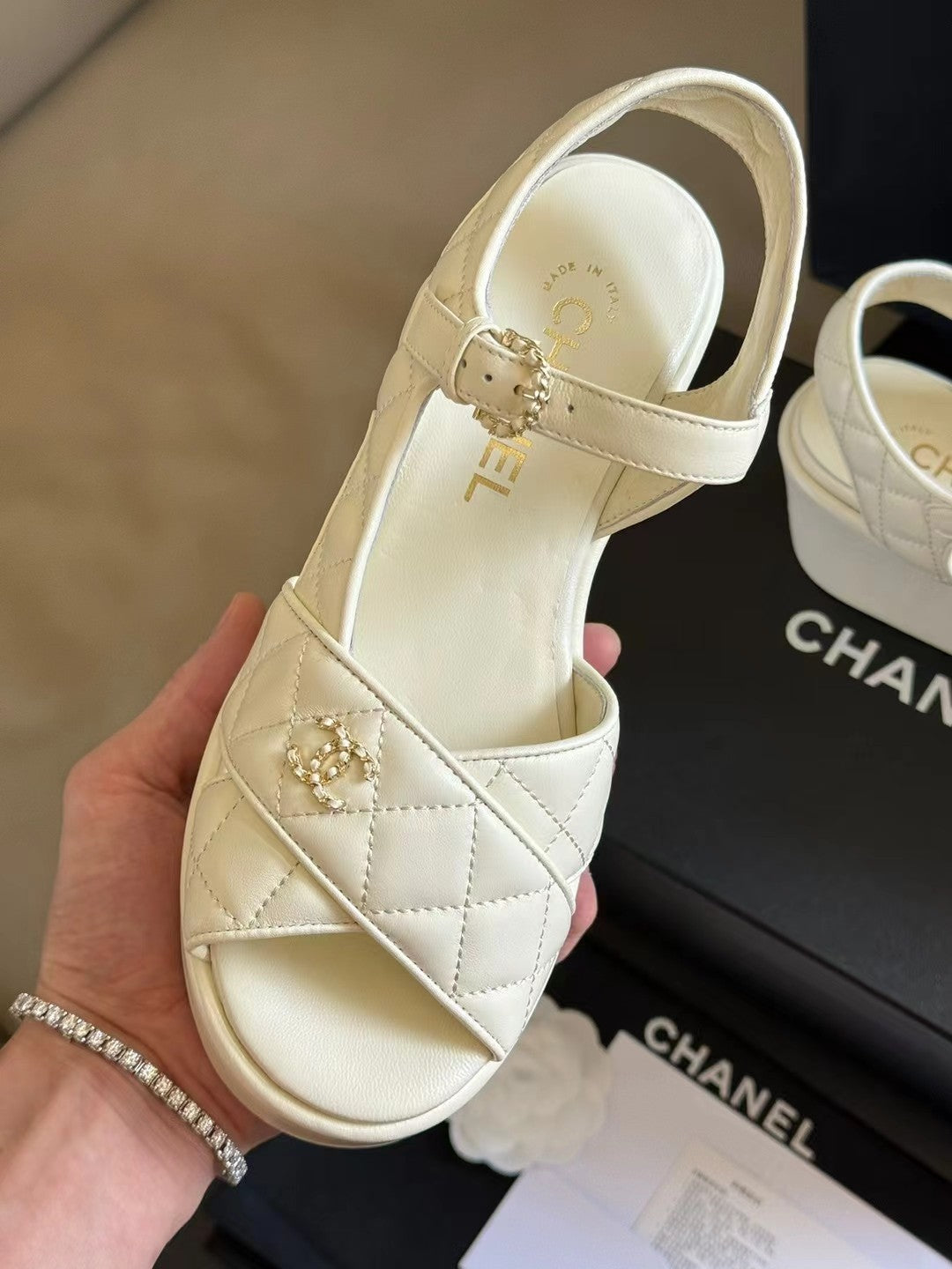 CHANEL CLASSIC WEDGE SANDALS IN WHITE LAMBSKIN