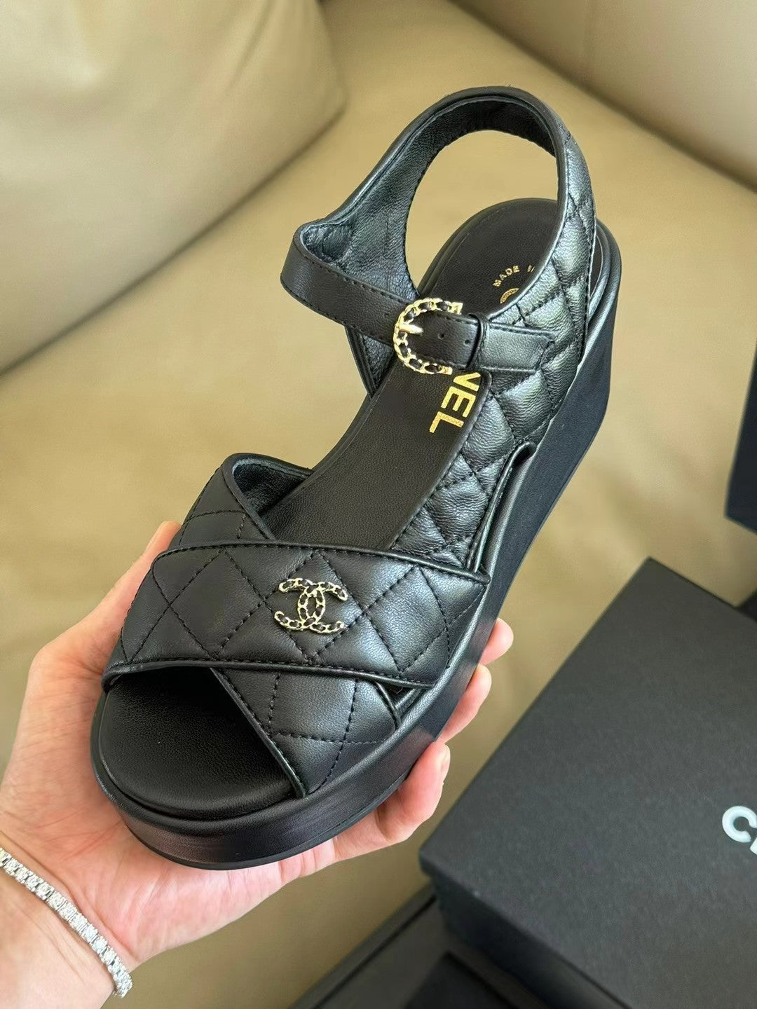 CHANEL CLASSIC WEDGE SANDALS IN BLACK LAMBSKIN