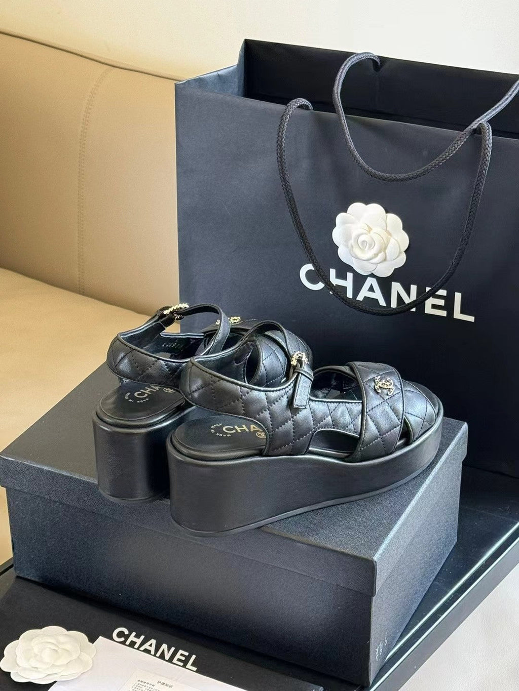CHANEL CLASSIC WEDGE SANDALS IN BLACK LAMBSKIN