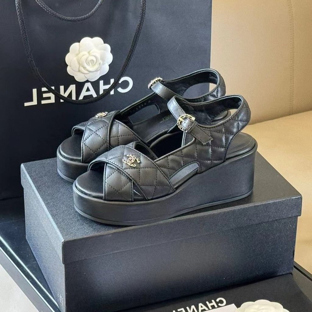 CHANEL CLASSIC WEDGE SANDALS IN BLACK LAMBSKIN