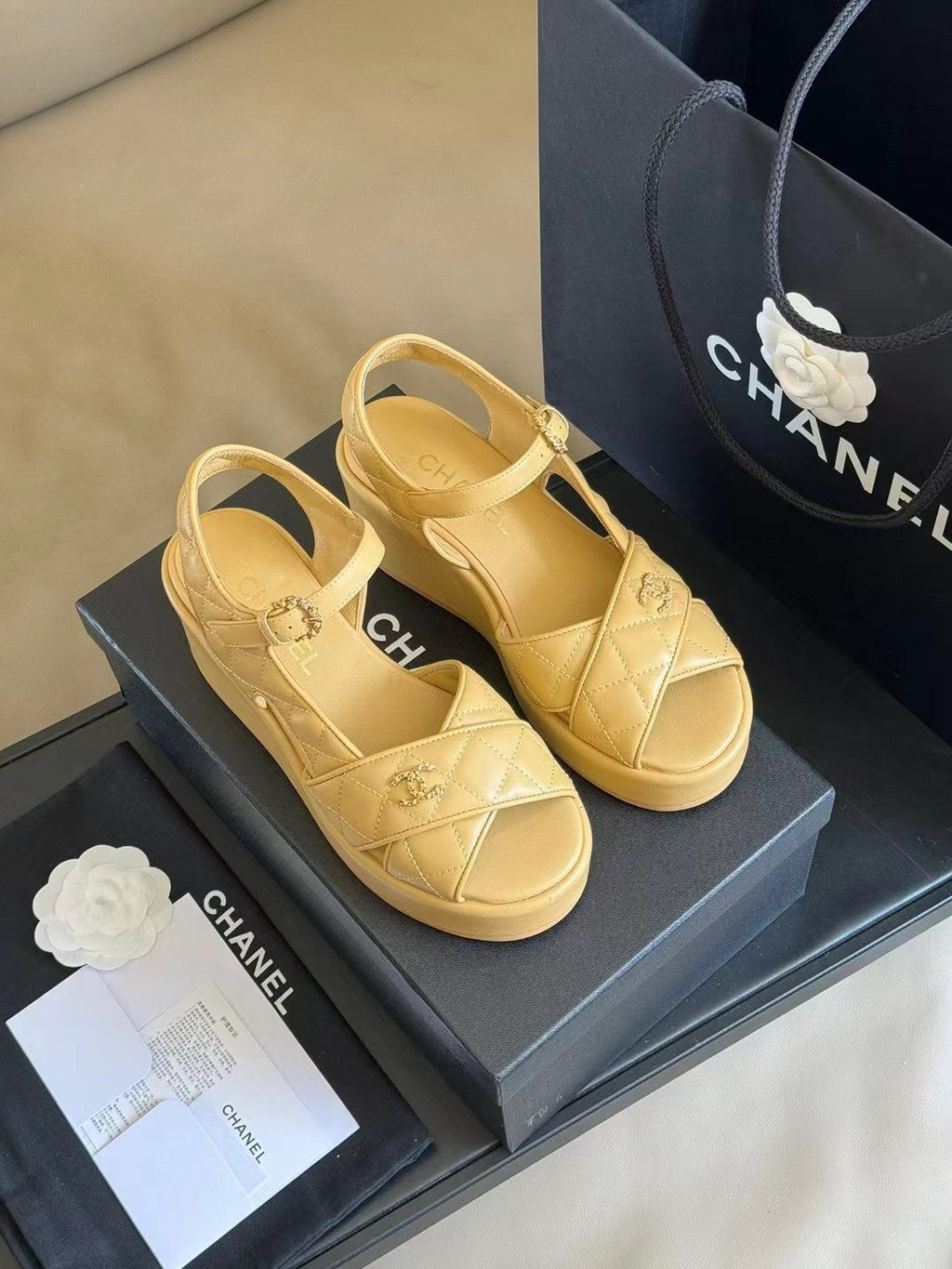 CHANEL CLASSIC WEDGE SANDALS IN LIGHT YELLOW LAMBSKIN