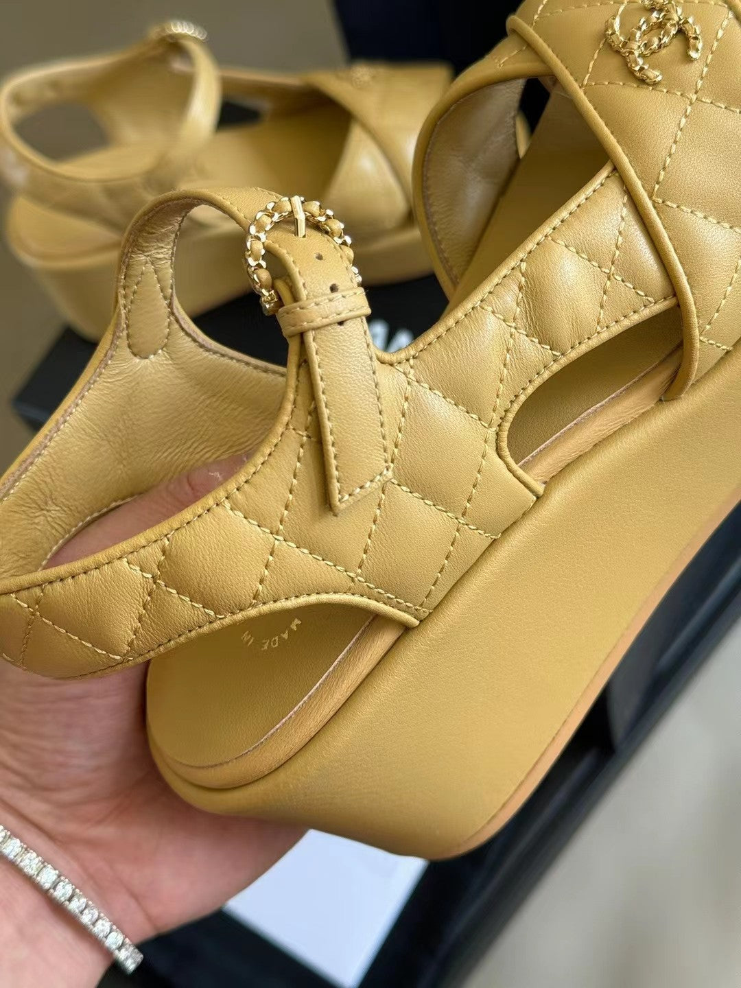 CHANEL CLASSIC WEDGE SANDALS IN LIGHT YELLOW LAMBSKIN