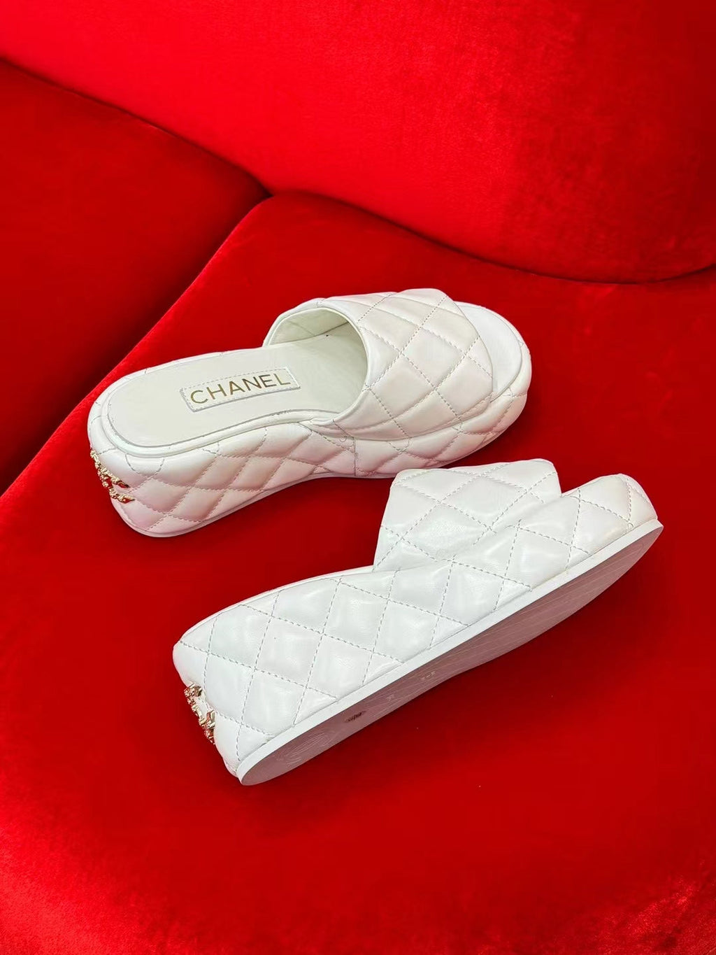 CHANEL WEDGE HEELS WHITE LAMBSKIN