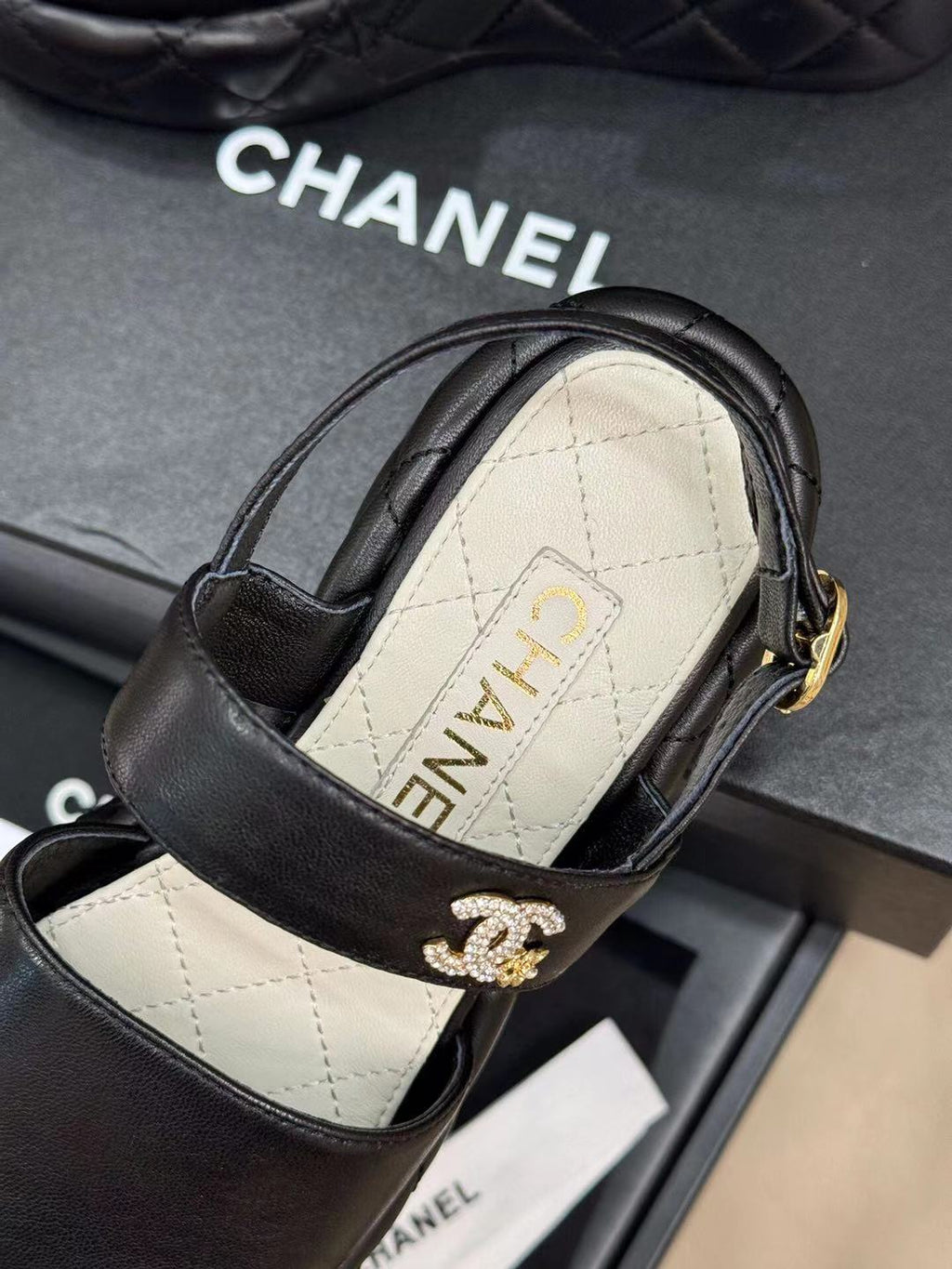 CHANEL HIGH WEDGE SANDALS IN BLACK LAMBSKIN