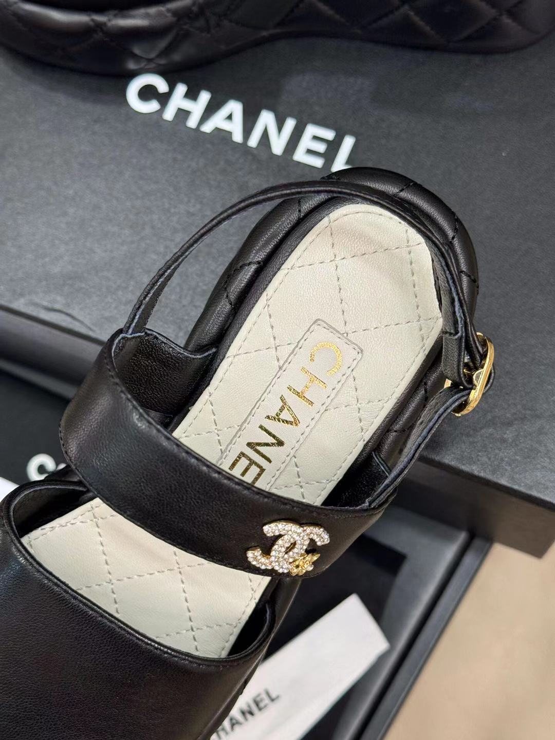 CHANEL HIGH WEDGE SANDALS IN BLACK LAMBSKIN